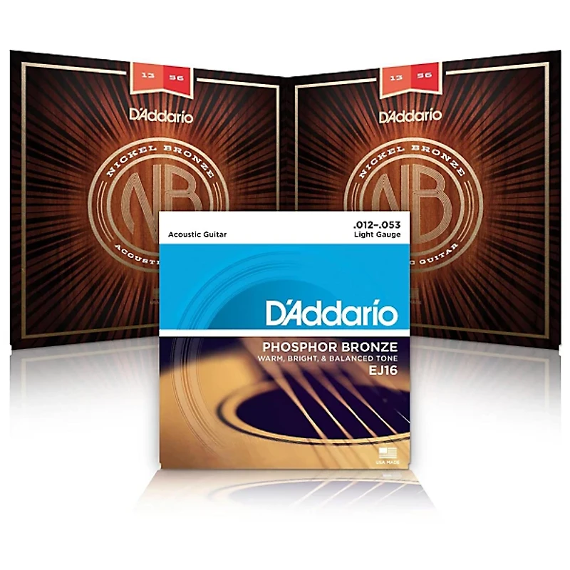 D'Addario NB1253 Nickel Bronze Medium Acoustic Strings 2-Pack With EJ16 Phosphor Bronze Light Single Pack