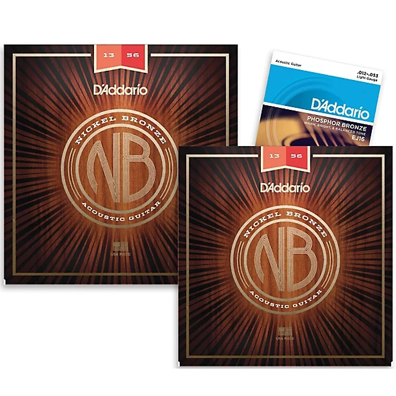 D'Addario NB1356 Nickel Bronze Medium Acoustic Strings 2-Pack With EJ16 Phosphor Bronze Light Acoustic Strings Single Pack