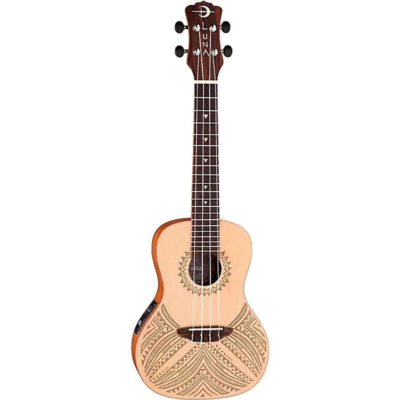 Luna Concert Solid Spruce Top Tapa Design Acoustic Electric Ukulele Natural