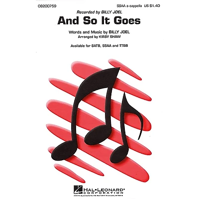 Hal Leonard And So It Goes TTBB A Cappella by Billy Joel Arranged by Kirby Shaw