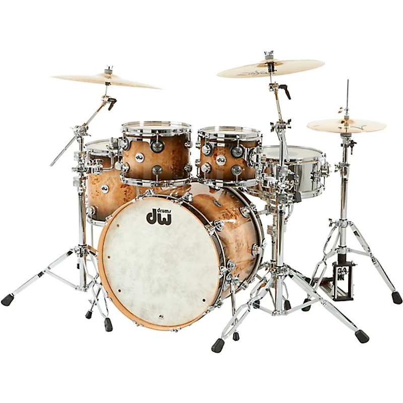 DW SSC Collector's Series 4-Piece Exotic Maple Shell Pack With 22" Bass Drum and Chrome Hardware Quick Candy Burst Mappa Burl