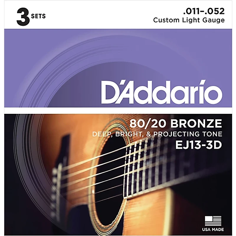 D'Addario EJ13-3D 80/20 Bronze Custom Light Acoustic Guitar Strings 3-Pack