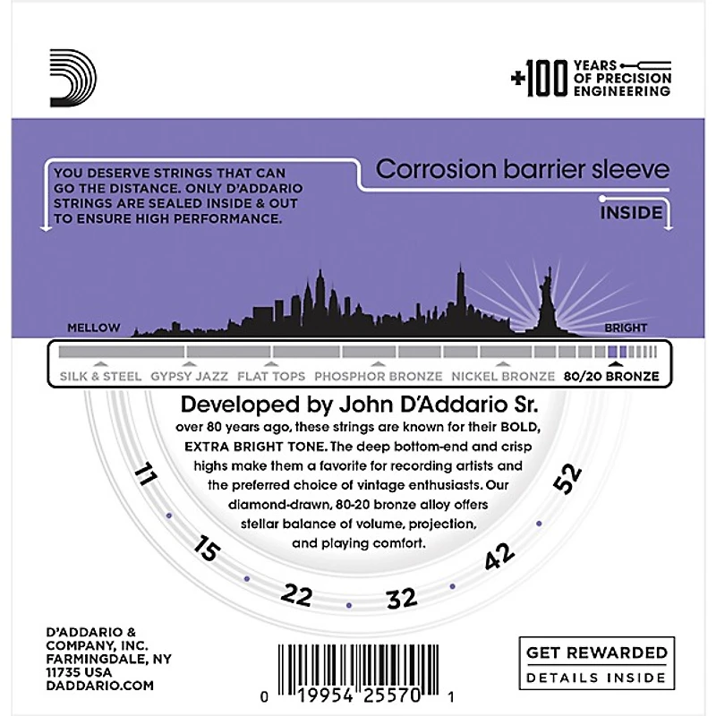 D'Addario EJ13-3D 80/20 Bronze Custom Light Acoustic Guitar Strings 3-Pack