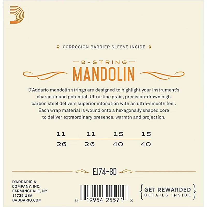 D'Addario EJ74-3D Phosphor Bronze Medium Mandolin Strings, 11-40 (3 Pack)