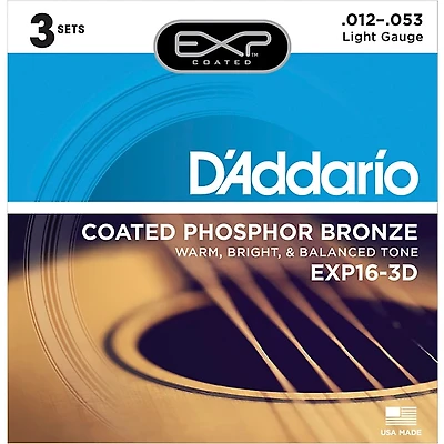D'Addario EXP16-3D Coated Phosphor Bronze Light Acoustic Guitar Strings 3-Pack