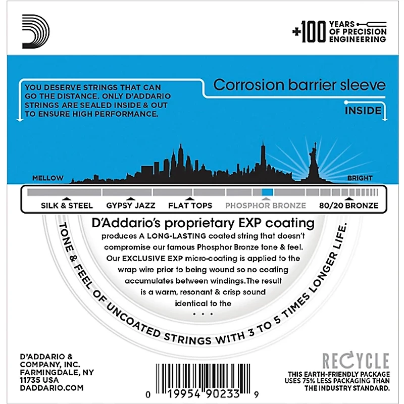 D'Addario EXP16-3D Coated Phosphor Bronze Light Acoustic Guitar Strings 3-Pack