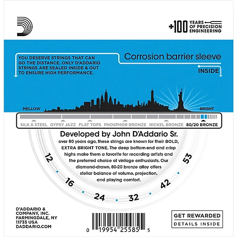 D'Addario EJ11-3D 80/20 Bronze Light Acoustic Guitar Strings 3-Pack