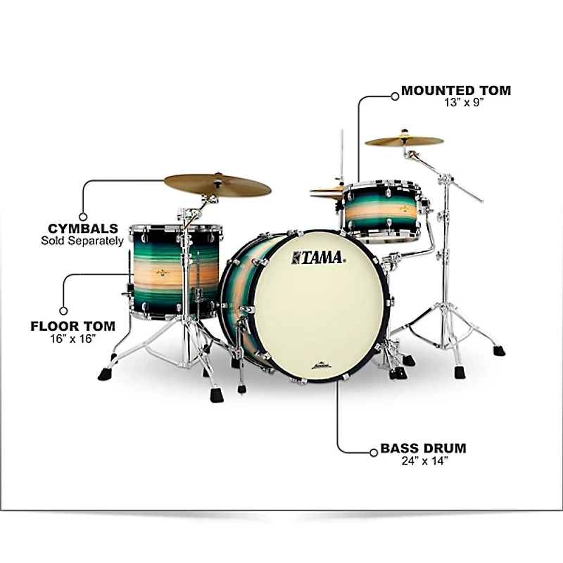 TAMA Starclassic Maple Exotix Pacific Walnut 3-Piece Shell Pack with Black Nickel Hardware and 24" Bass Drum Emerald Pacific Walnut Burst