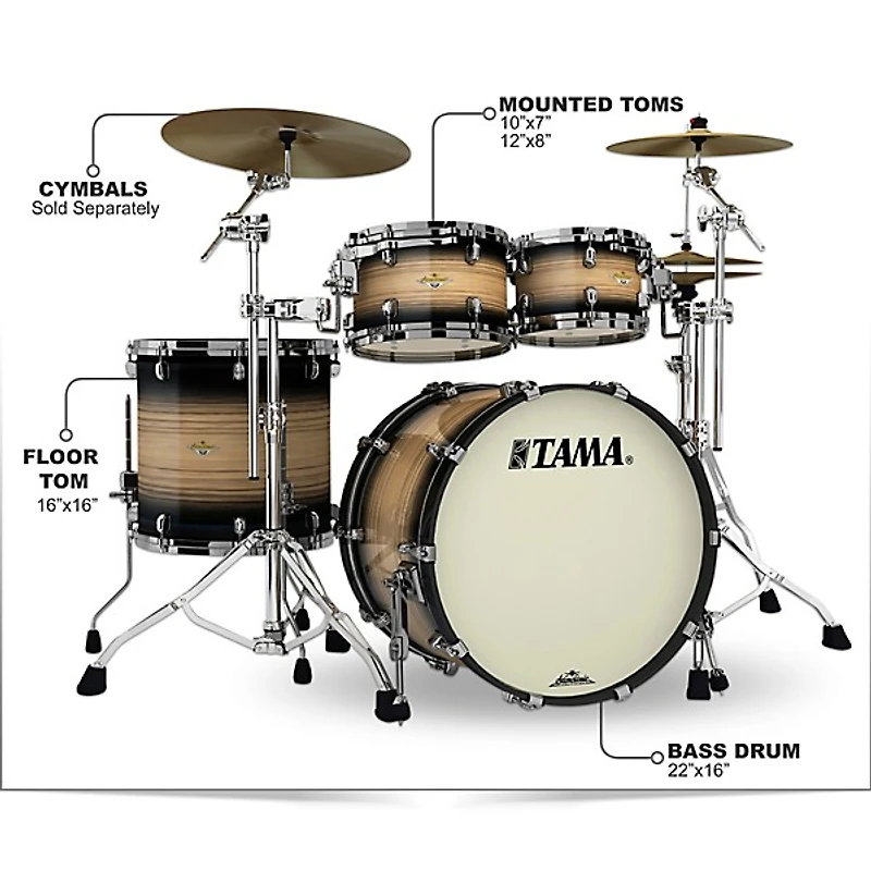 TAMA Starclassic Maple Exotix Pacific Walnut 4-Piece Shell Pack with 22" Bass Drum Natural Pacific Walnut Burst
