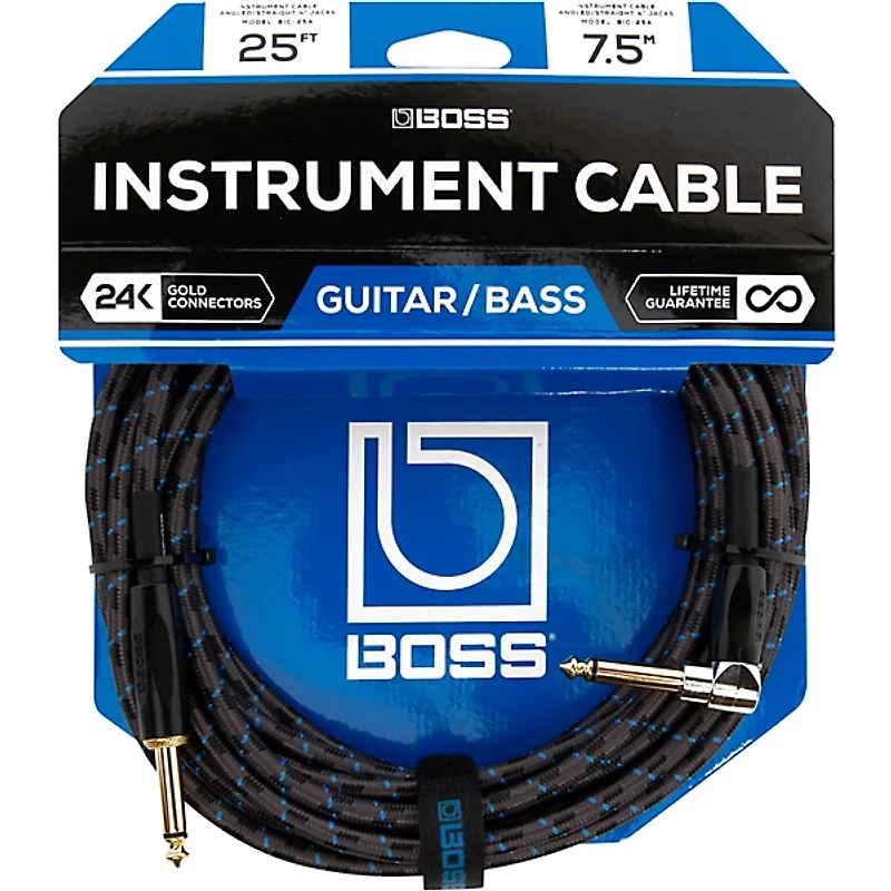 BOSS BIC-25A Instrument Cable, Angled/Straight 1/4" Jack 25 ft. Black