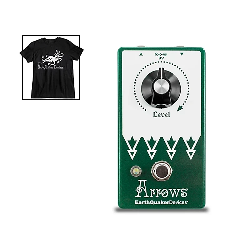EarthQuaker Devices Arrows V2 Preamp Booster Effects Pedal and Octoskull T-Shirt Large Black
