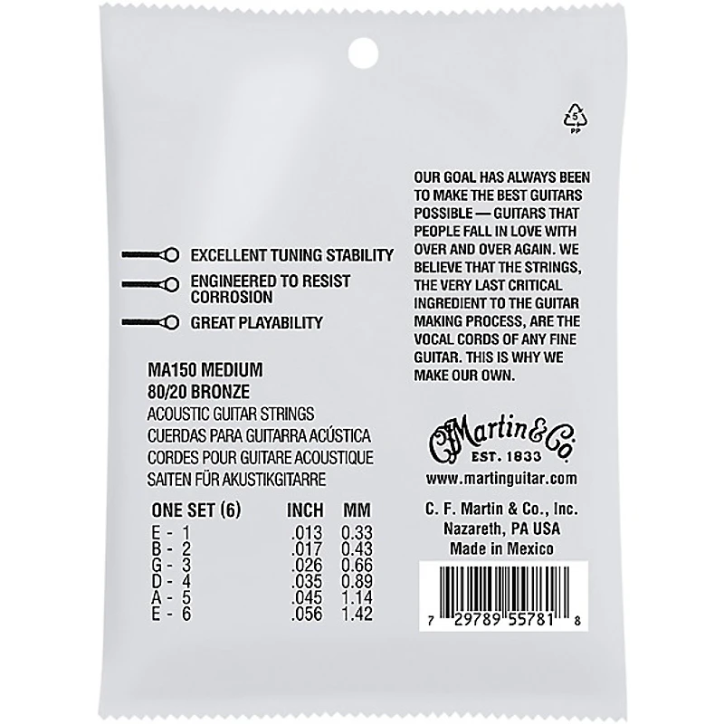 Martin MA150 SP 80/20 Bronze Medium Authentic Acoustic Guitar Strings