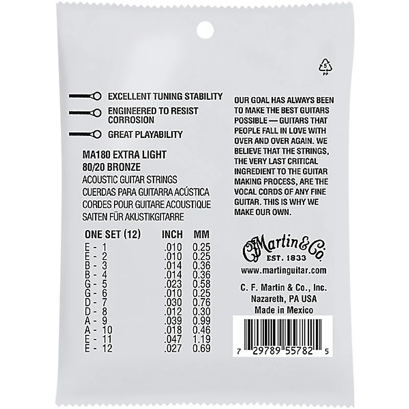 Martin MA180 SP 12-String 80/20 Bronze Extra-Light-Authentic-Acoustic-Guitar-Strings