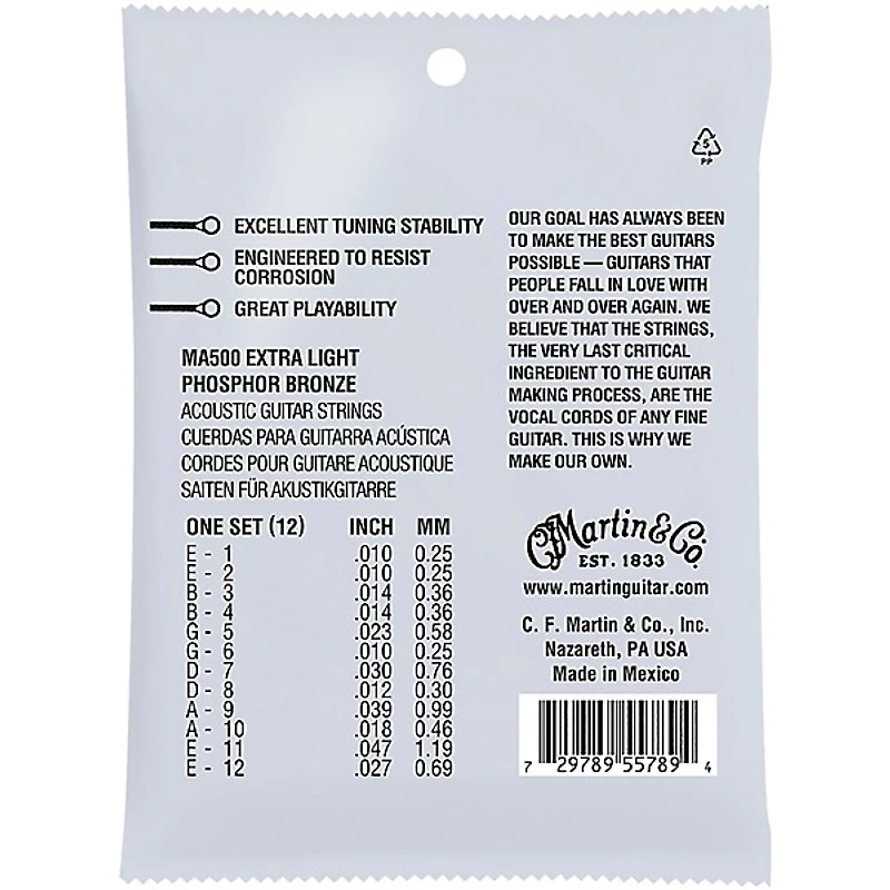 Martin MA500 SP 12-String Phosphor Bronze Extra-Light Authentic Acoustic Guitar Strings
