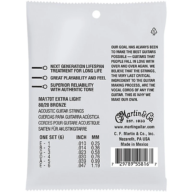 Martin MA170T Lifespan 2.0 80/20 Bronze Extra-Light Authentic Acoustic Guitar Strings