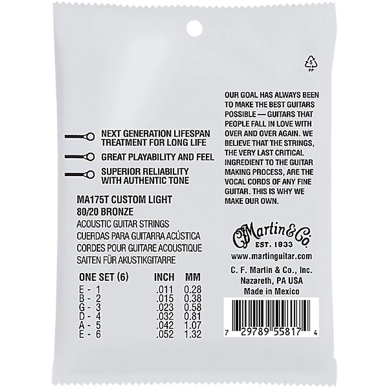 Martin MA175T Lifespan 2.0 80/20 Bronze Custom-Light Authentic Acoustic Guitar Strings - (28-132)