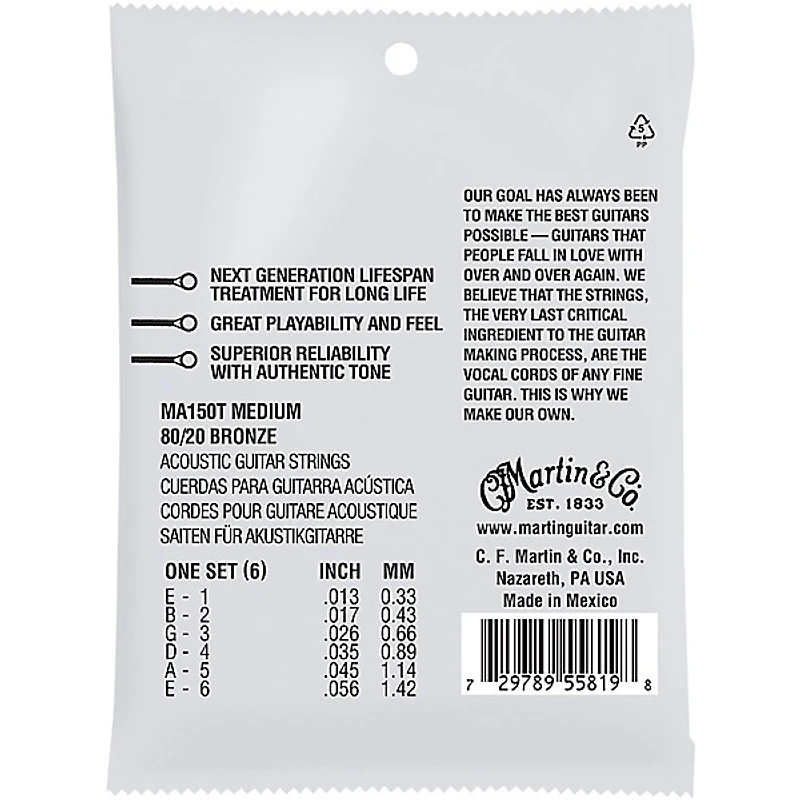 Martin MA150T Lifespan 2.0 80/20 Bronze Medium Authentic Acoustic Guitar Strings