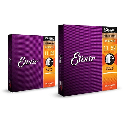 Elixir Phosphor Bronze Acoustic Guitar Strings with NANOWEB Coating, Custom Light (11-52) 2-Pack