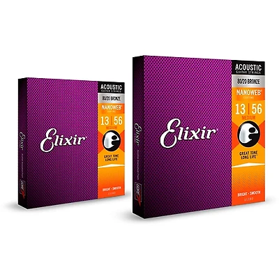 Elixir 80/20 Bronze Acoustic Guitar Strings with NANOWEB Coating, Medium (.013-.056) 2-Pack