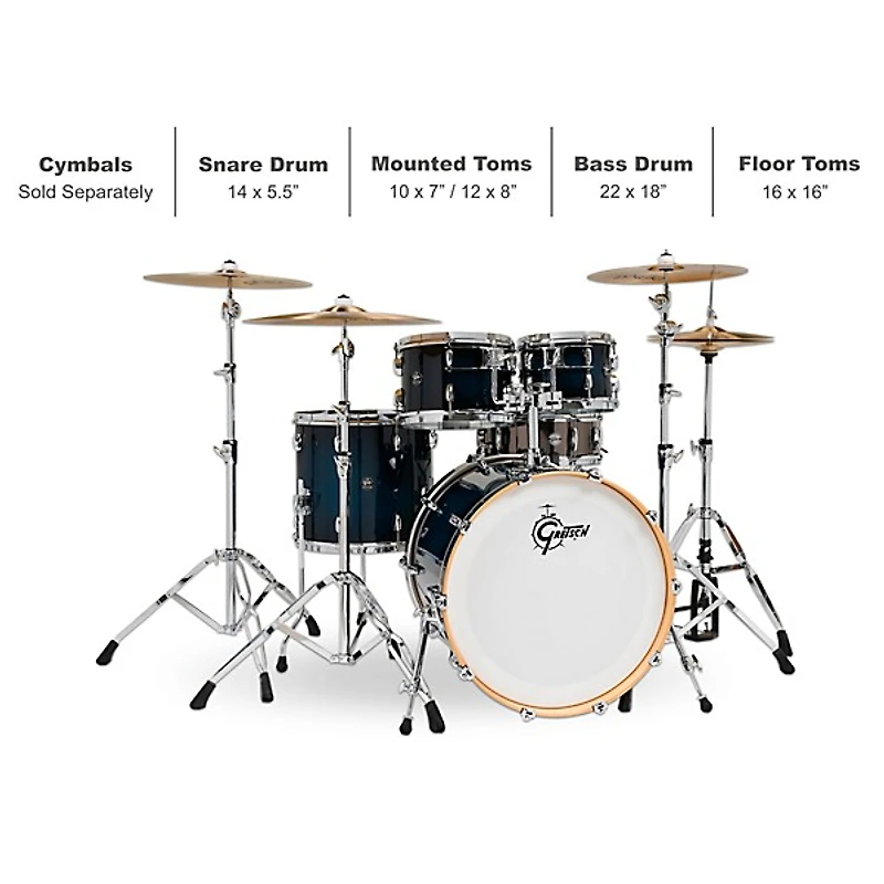 Gretsch Drums Renown 5-Piece Shell Pack With 22" Bass Drum and Black Nickel Over Steel Snare Drum Gloss Antique Blue Burst