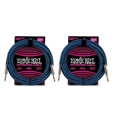 Ernie Ball Straight To Straight Nickel-Plated 1/4 Woven 20' Black/Blue Instrument Cable 2-Pack