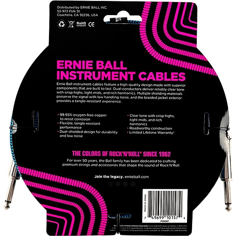 Ernie Ball Straight To Straight Nickel-Plated 1/4 Woven 20' Black/Blue Instrument Cable 2-Pack