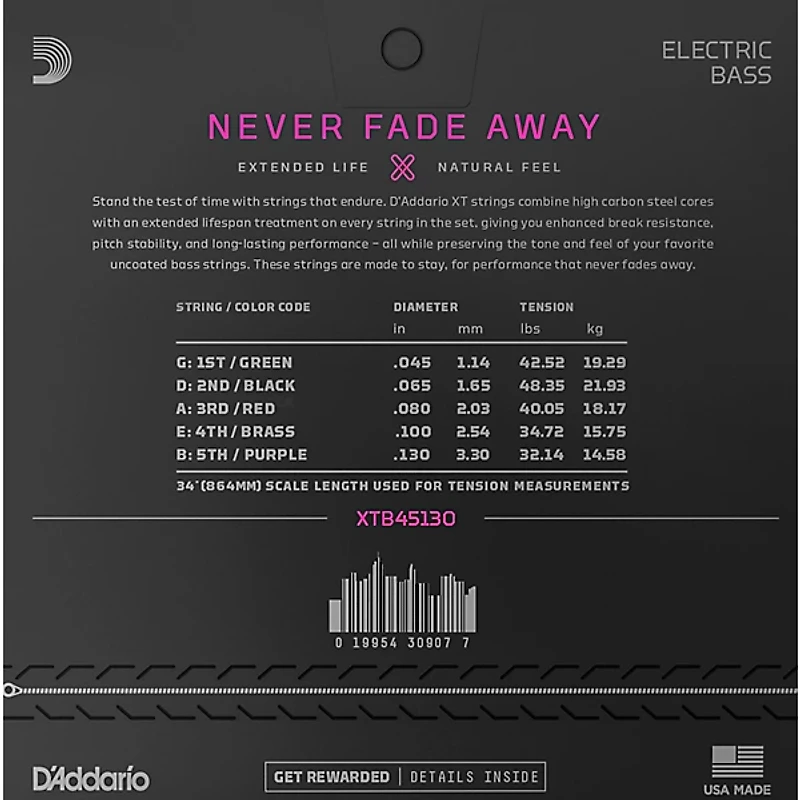 D'Addario XT Nickel-Plated Steel Electric Bass Strings - 5-String Long Scale, Light (45-130)