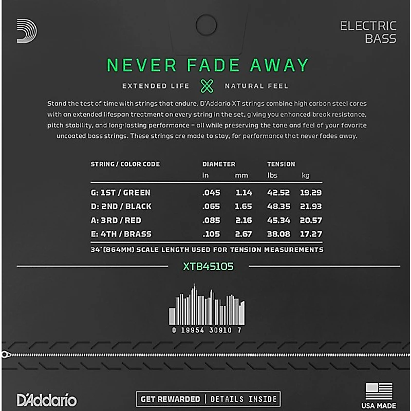 D'Addario XT Nickel-Plated Steel Long Scale Electric Bass Strings - Light Top/Medium Bottom (45-105)