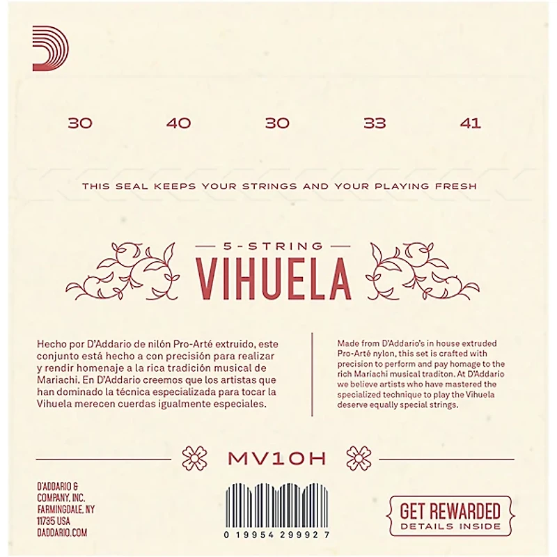 D'Addario Vihuela 5 String Set, Clear Nylon, Hard Tension