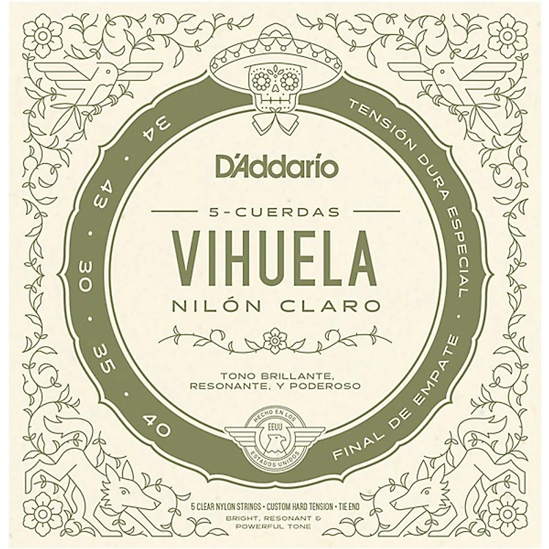 D'Addario Vihuela 5 String Set, Clear Nylon, Custom Hard Tension