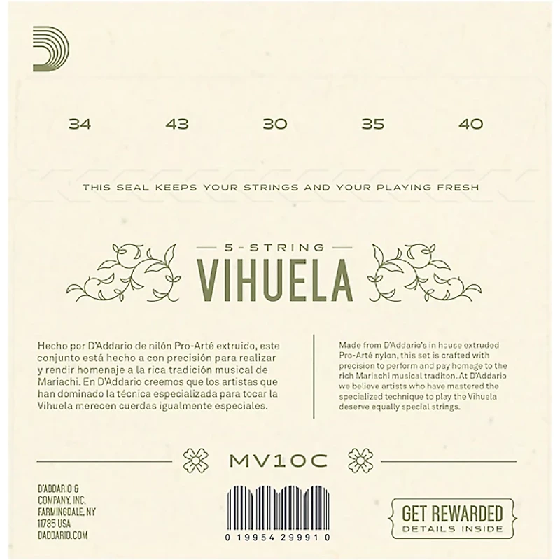 D'Addario Vihuela 5 String Set, Clear Nylon, Custom Hard Tension