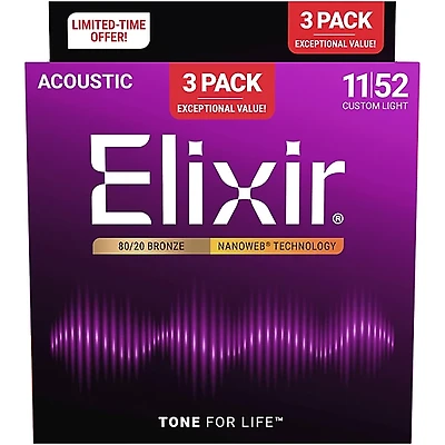 Elixir 80/20 Bronze Acoustic Guitar Strings With NANOWEB Coating, Custom Light (11-52) 3-Pack