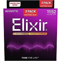 Elixir 80/20 Bronze Acoustic Guitar Strings With NANOWEB Coating, Custom Light (11-52) 3-Pack
