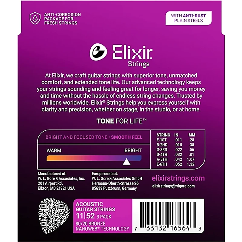 Elixir 80/20 Bronze Acoustic Guitar Strings With NANOWEB Coating, Custom Light (11-52) 3-Pack