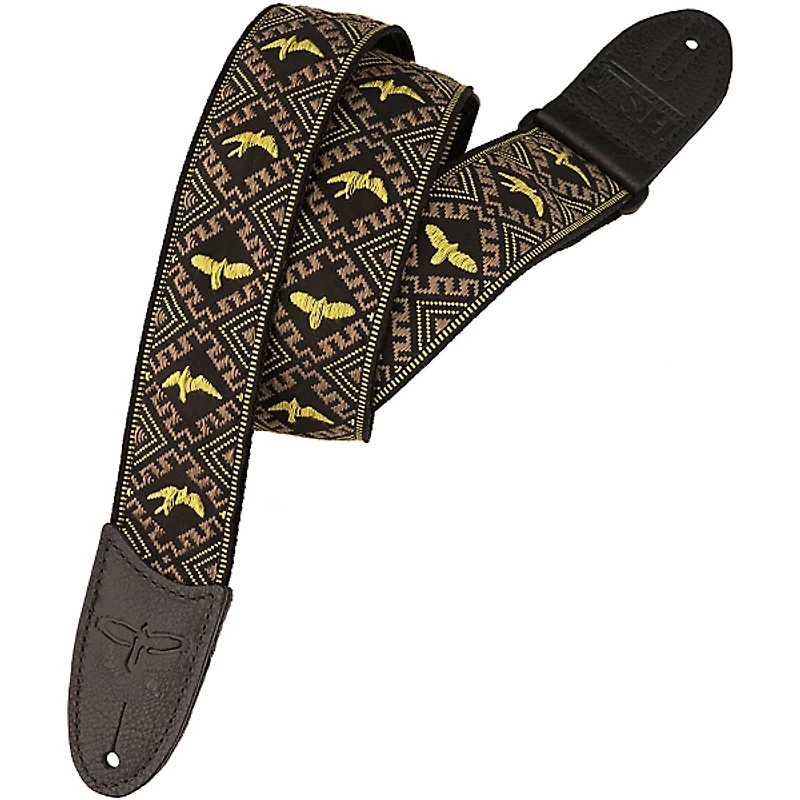 PRS Jacquard Hootenanny Style Guitar Strap, Yellow & Black Birds Yellow