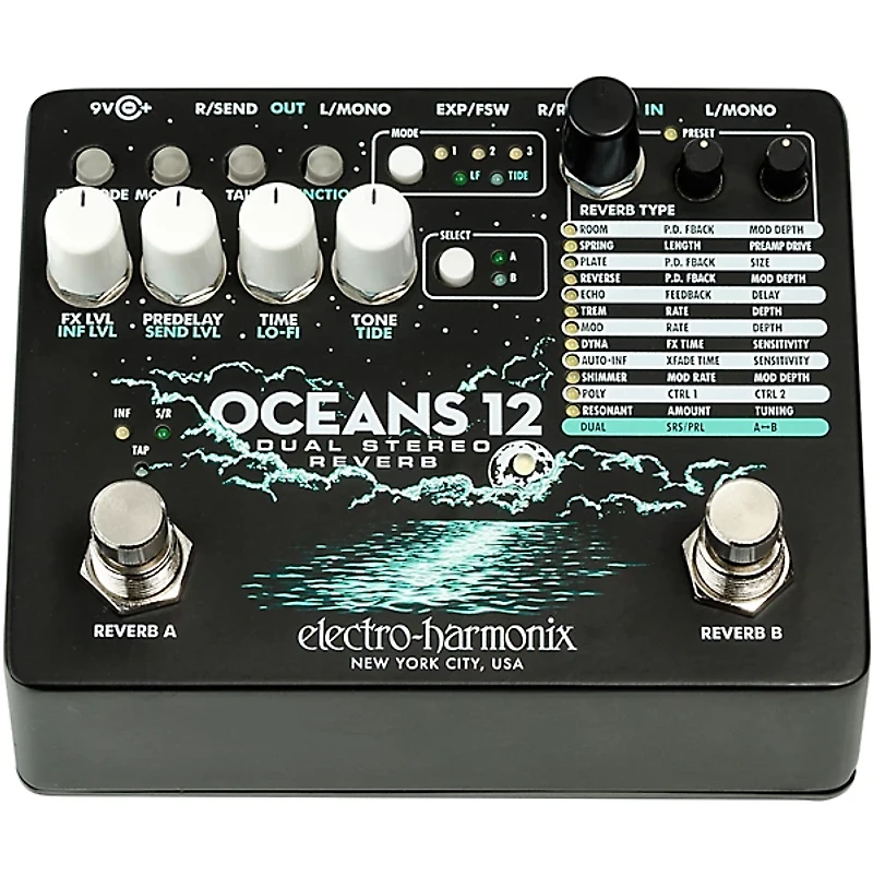 Electro-Harmonix Oceans 12 Dual-Stereo Reverb Effects Pedal Black