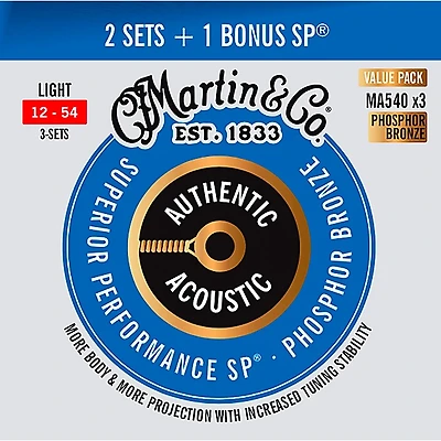 Martin Authentic Acoustic SP Guitar Strings, Light (MA540) Value 3-Pack (12-54) Light (12-54)