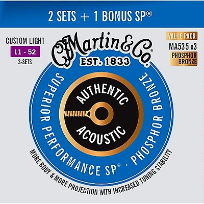 Martin Authentic Acoustic SP Guitar Strings, Custom Light (MA535) Value 3-Pack (11-52) Custom Light (11-52)