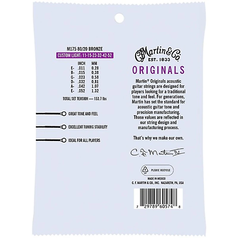 Martin M175 Original 80/20 Custom Light Acoustic Guitar Strings Custom Light (11-52)