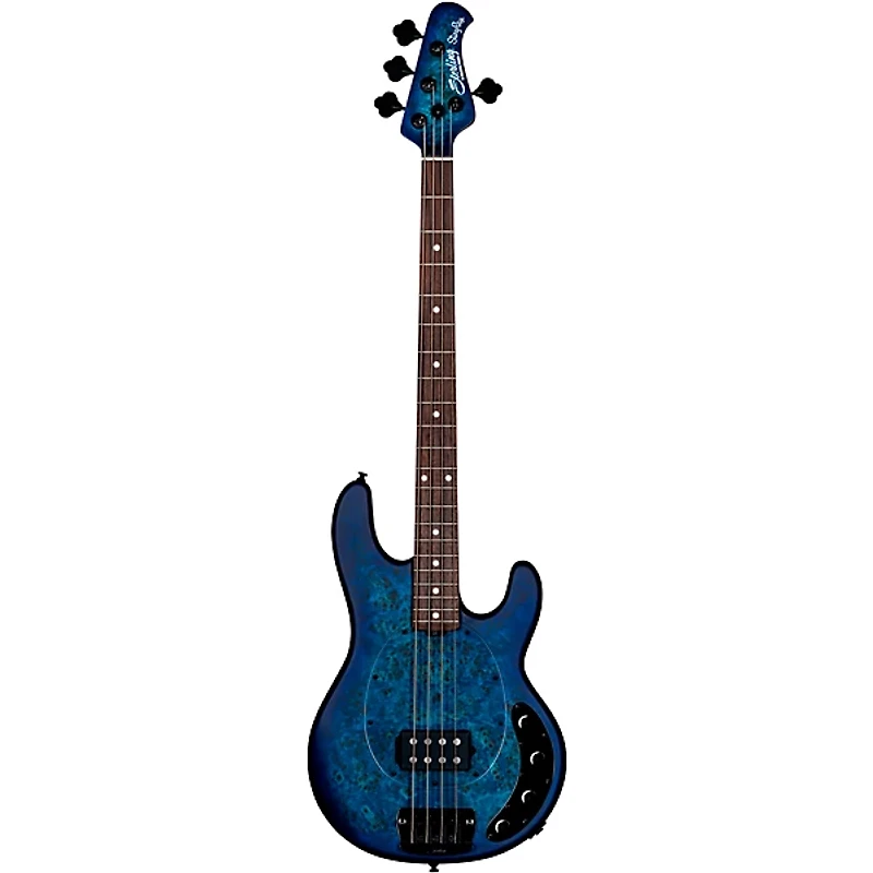 Sterling by Music Man StingRay Ray34 Burl Top Rosewood Fingerboard Electric Bass Neptune Blue Satin