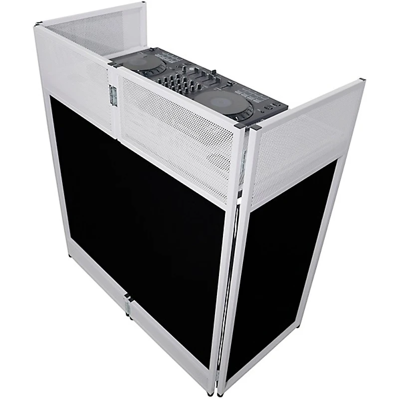 ProX VISTA DJ Booth Facade Table Station with White/Black Scrim kit and Padded Travel Bag White