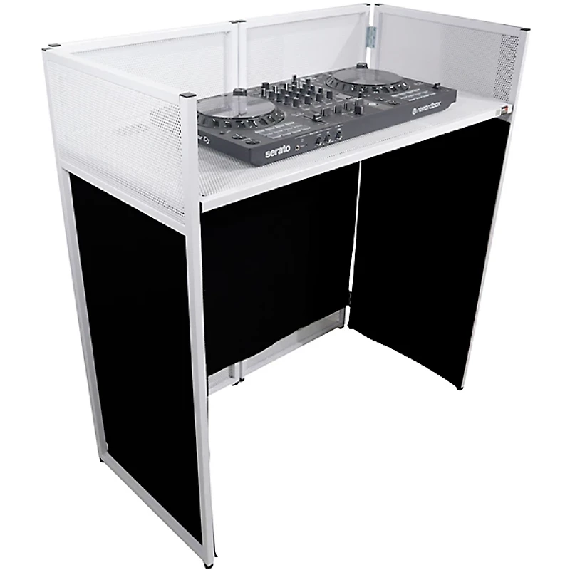ProX VISTA DJ Booth Facade Table Station with White/Black Scrim kit and Padded Travel Bag White