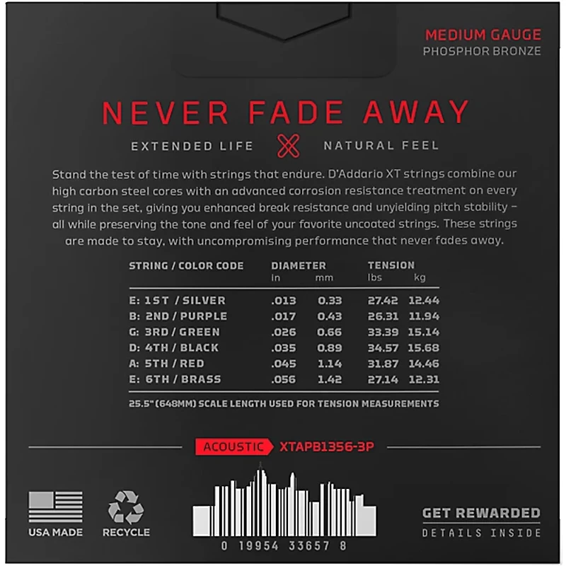 D'Addario XT Phosphor Bronze Acoustic Guitar Strings, Medium, 13-56, 3-Pack