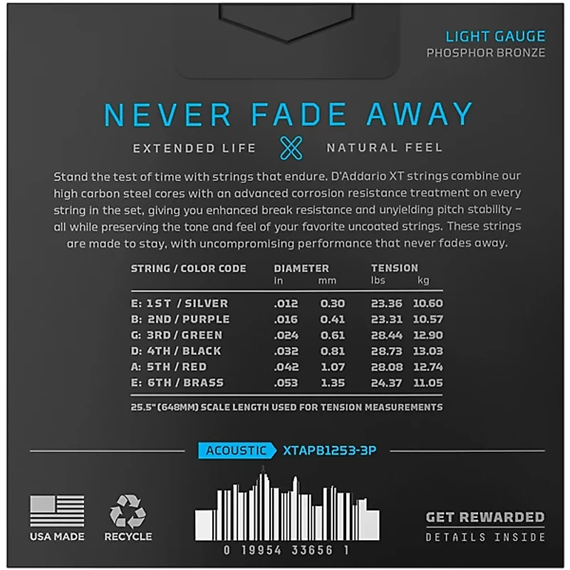 D'Addario XT Phosphor Bronze Acoustic Guitar Strings, Light, 12-53, 3-Pack