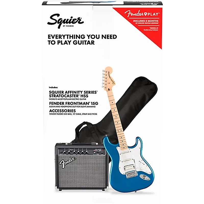 Squier Affinity Series Stratocaster HSS Electric Guitar Pack With Fender Frontman 15G Amp Lake Placid Blue