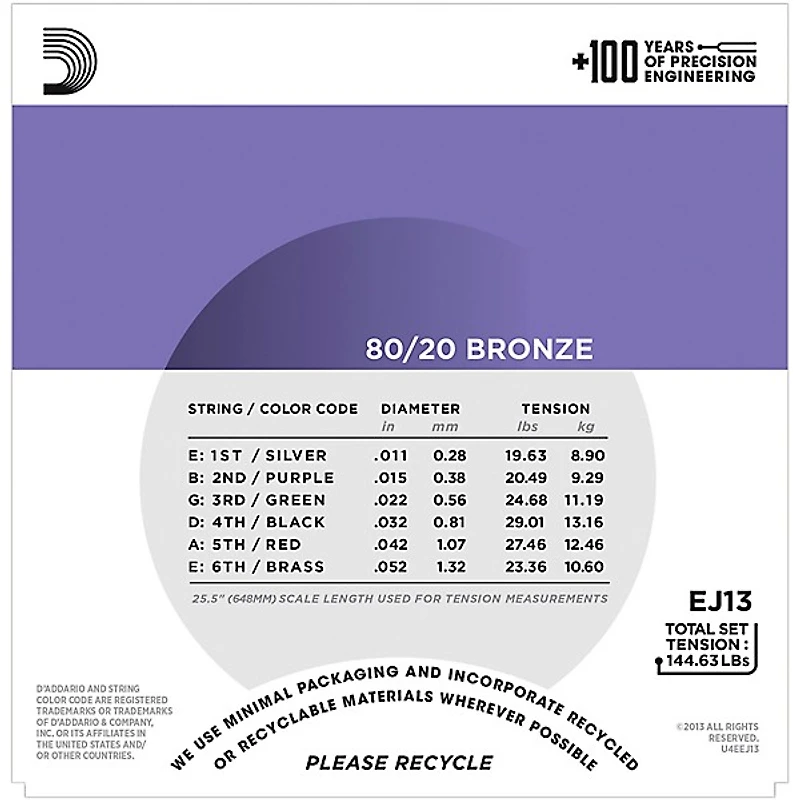 D'Addario EJ13 80/20 Bronze Custom Light Acoustic Guitar Strings 10 Pack