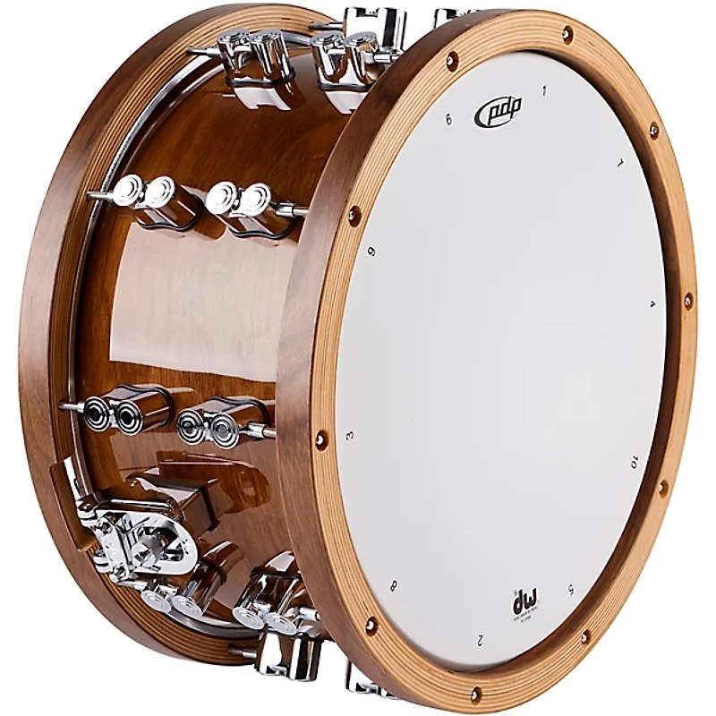 PDP by DW Limited-Edition Dark Stain Walnut and Maple Snare With Walnut Hoops and Chrome Hardware and Road Runner Bag