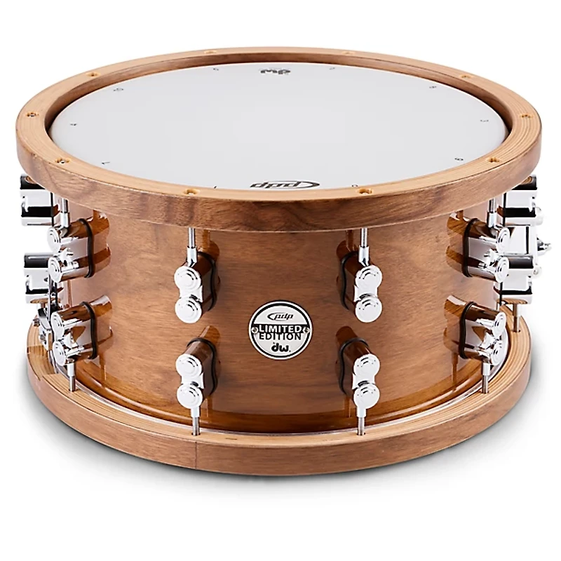 PDP by DW Limited-Edition Dark Stain Walnut and Maple Snare With Walnut Hoops and Chrome Hardware and Protection Racket Case