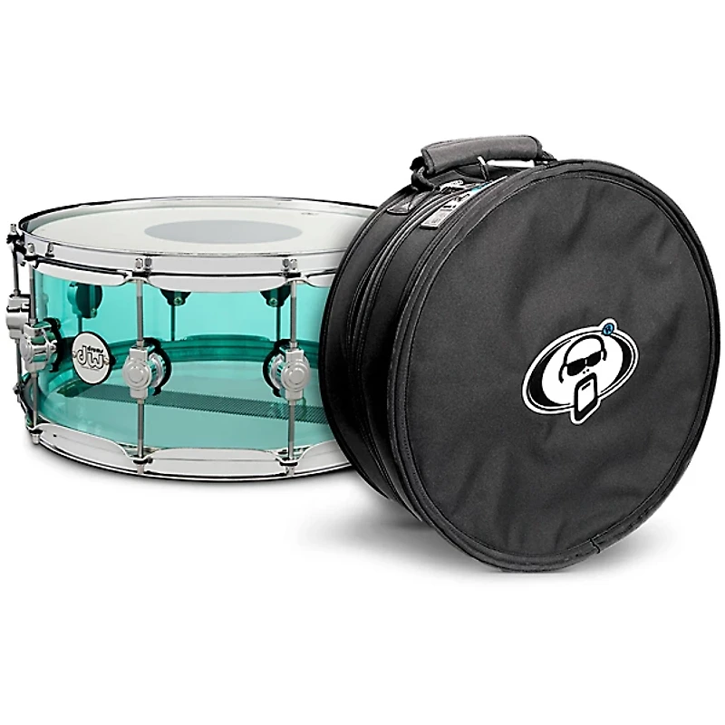 DW Design Series Sea Glass Acrylic Snare Drum, Chrome Hardware With Protection Racket Case