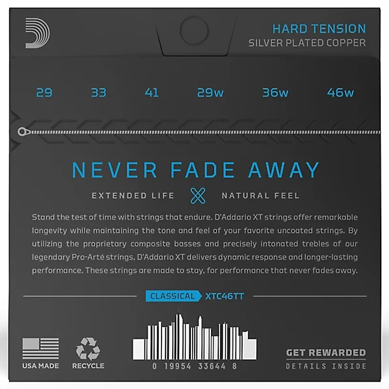 D'Addario XT Silver-Plated Copper Classical Guitar Strings, Dynacore Titanium, Hard Tension, 29-46w